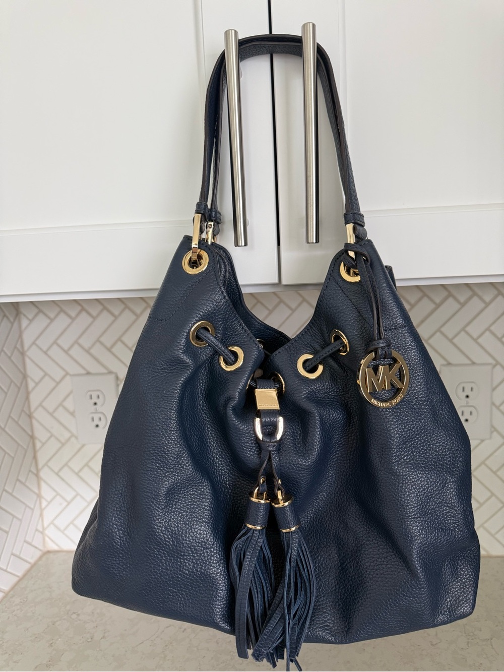 Michael Kors Navy Pebbled Leather Tassel Shoulder Bag